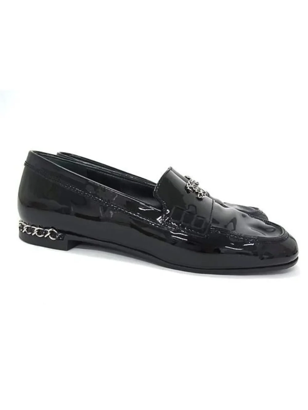 Chanel CC Logo Chain Patent Leather Loafers Shoes Black